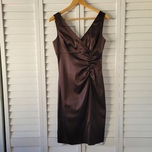 Donna Ricco Brown Side Rushed Stretchy V-neck Cocktail Midi Dress Size 4